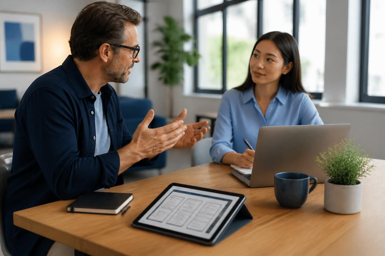 Two professionals scoping a project together at a bright studio table