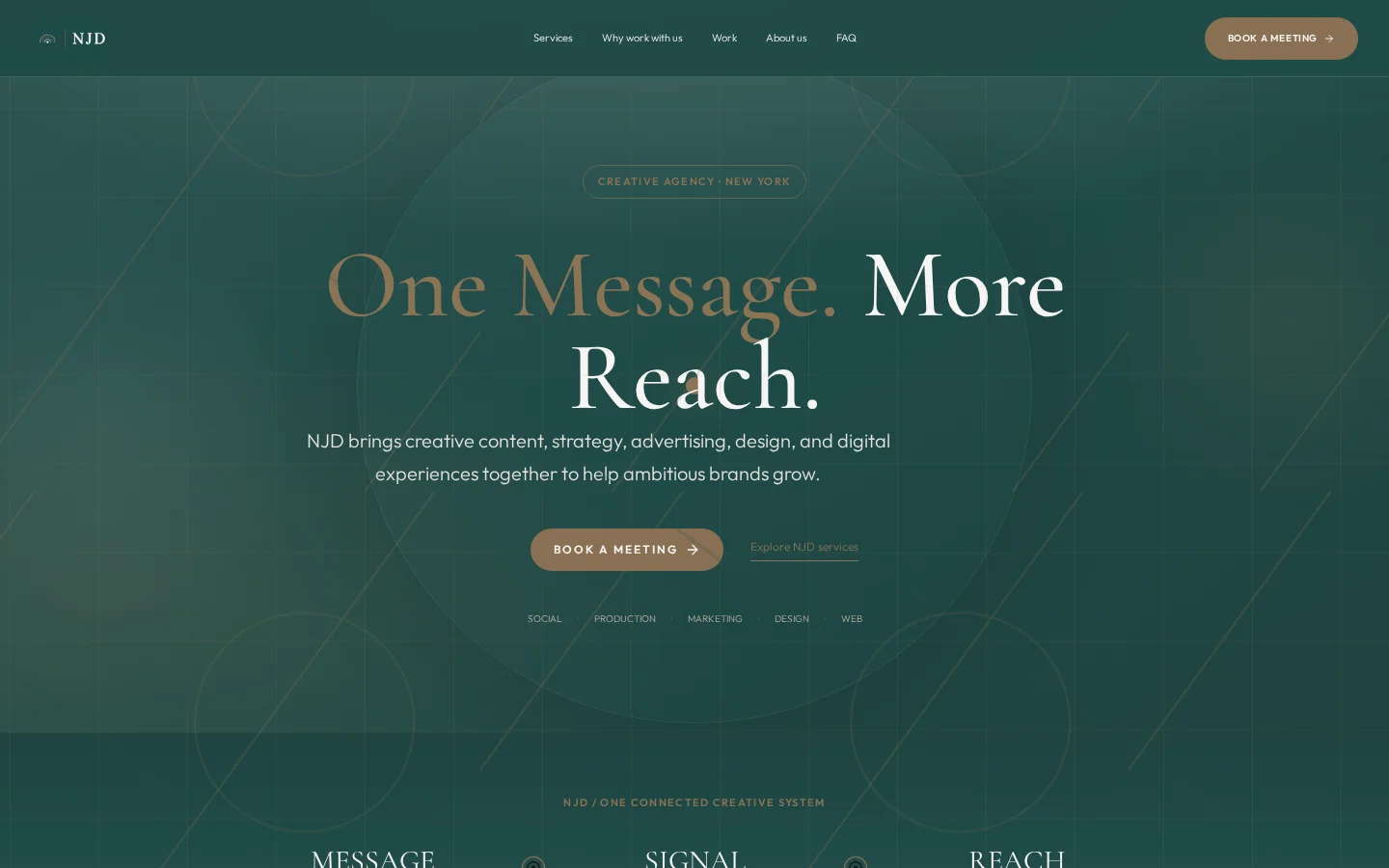 NJD Agency — agency · client site project by Noirva T&D: Real client build — creative marketing agency site with an editorial hero, service system and booking flow.