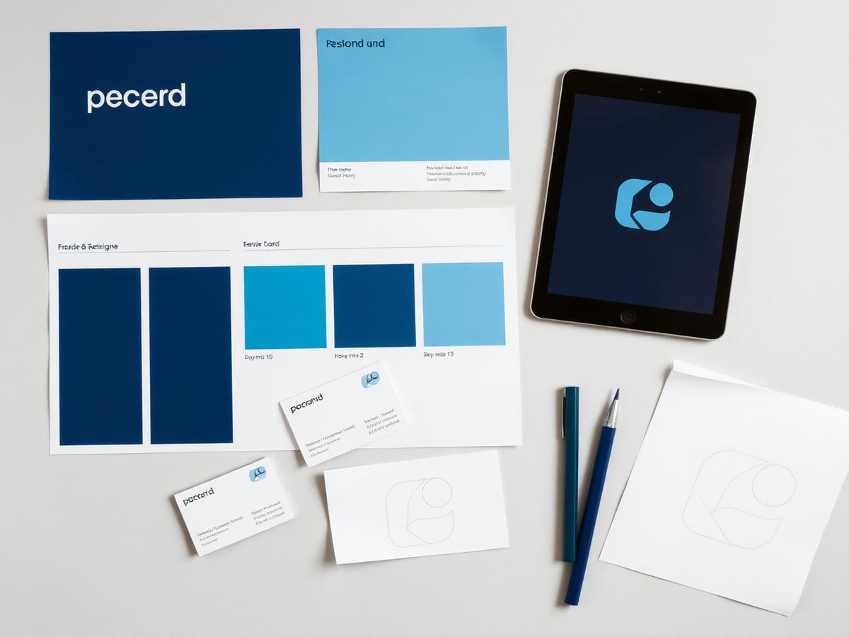 Designer's desk with a brand mood board, colour swatches and printed cards