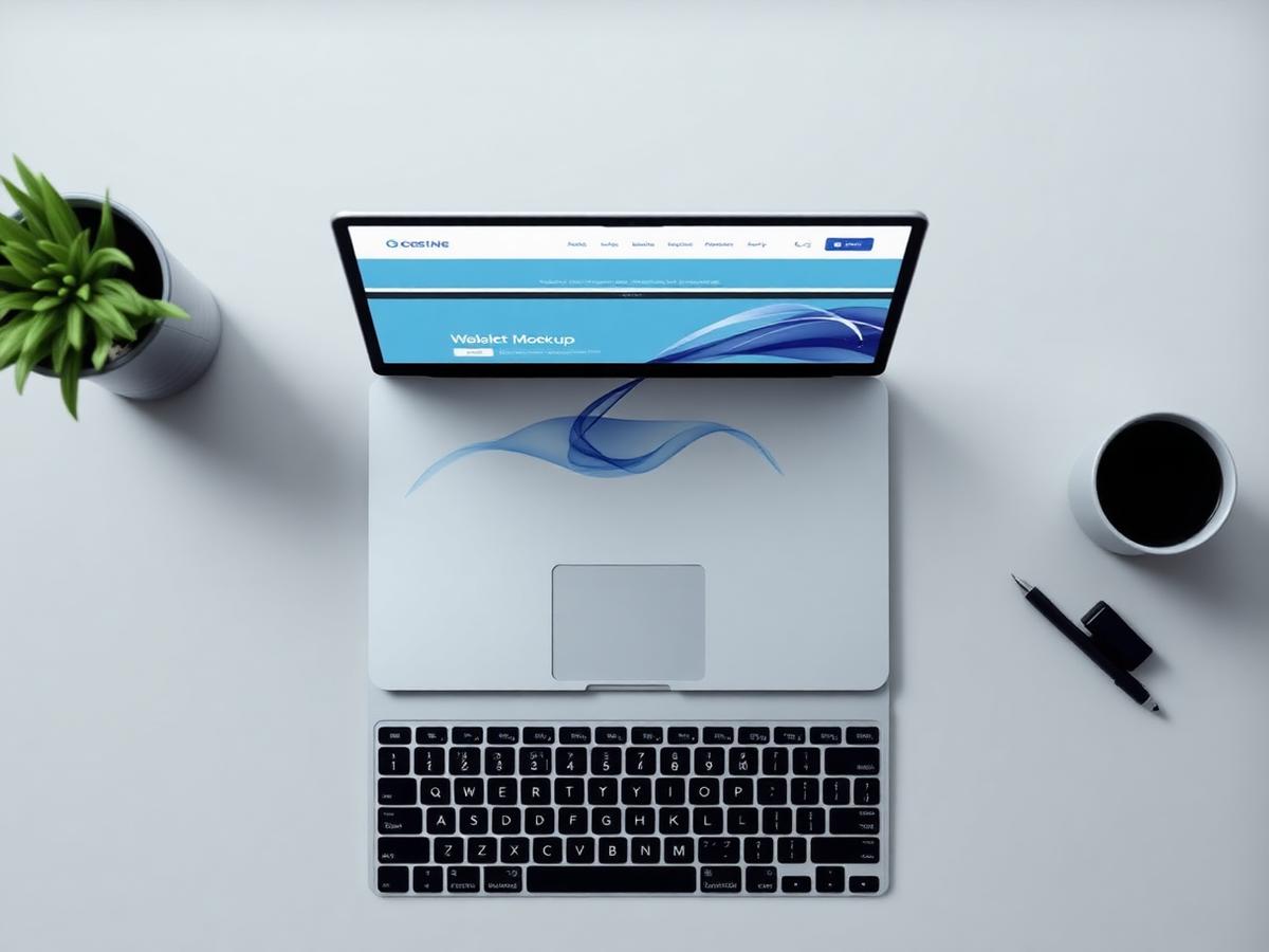Laptop on a desk showing a website interface mockup