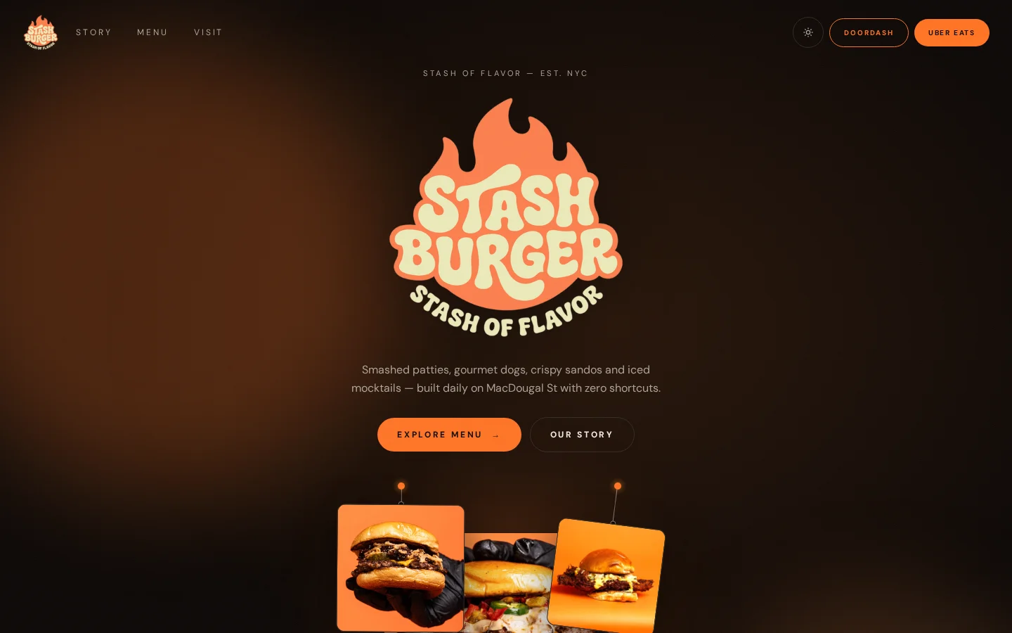 Stash Burger — restaurant · client site project by Noirva T&D: Real client build — bold burger brand site with online ordering links, menu-led layout and striking flame identity.