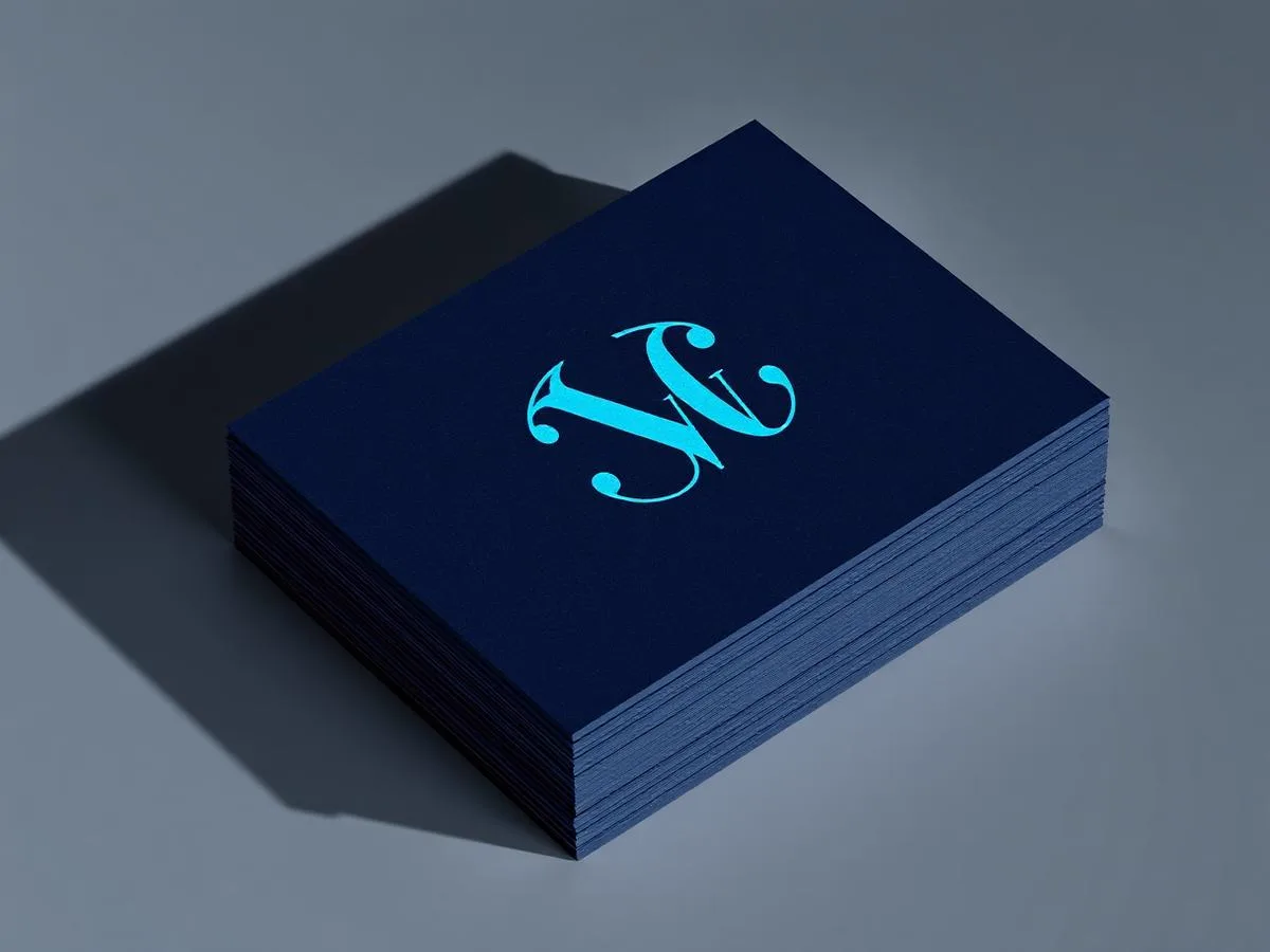 Stack of navy business cards with a sky blue foil monogram