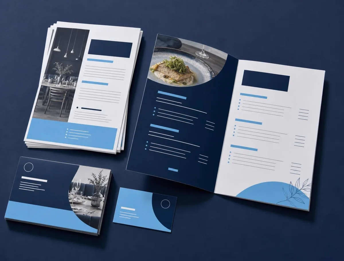 Printed menu and flyer designs on a table