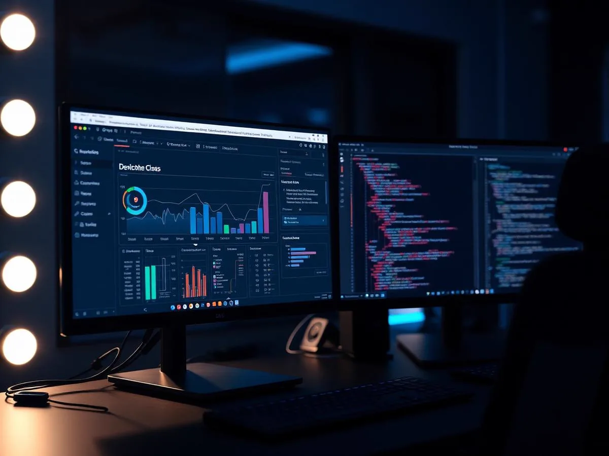 Monitors showing a custom web app dashboard and code editor